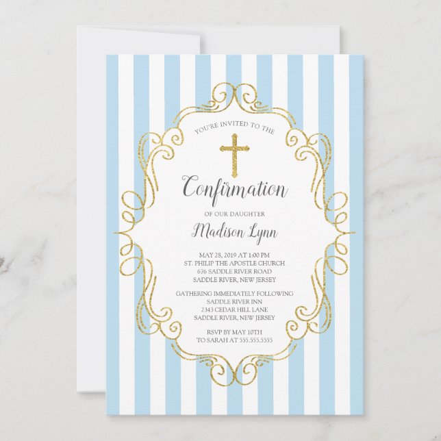 Blue & Gold Frame Boys Confirmation Invitation (Front)