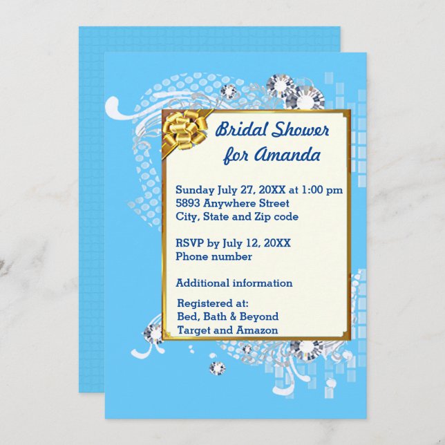 Blue & Gold Frame & Diamonds Image Bridal Shower Invitation (Front/Back)