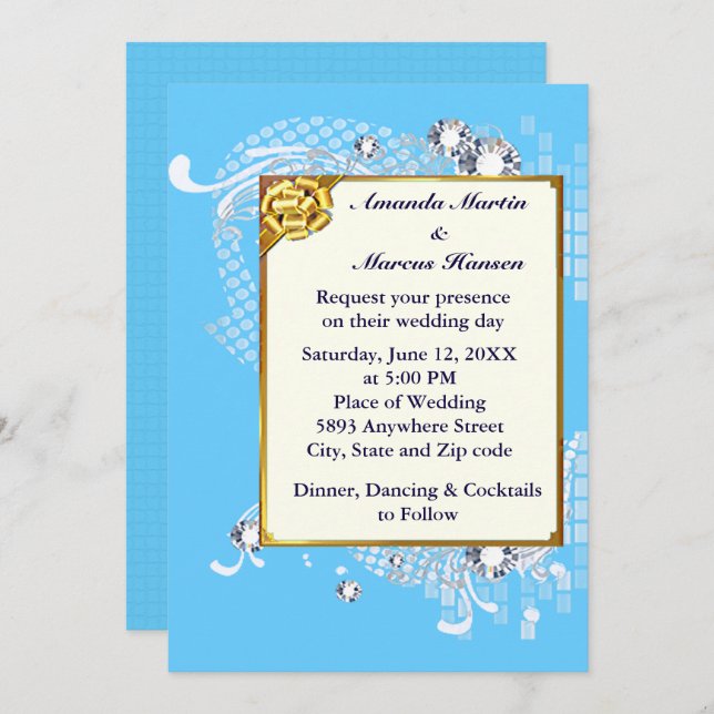 Blue & Gold Frame & Diamonds Image Wedding Invite (Front/Back)