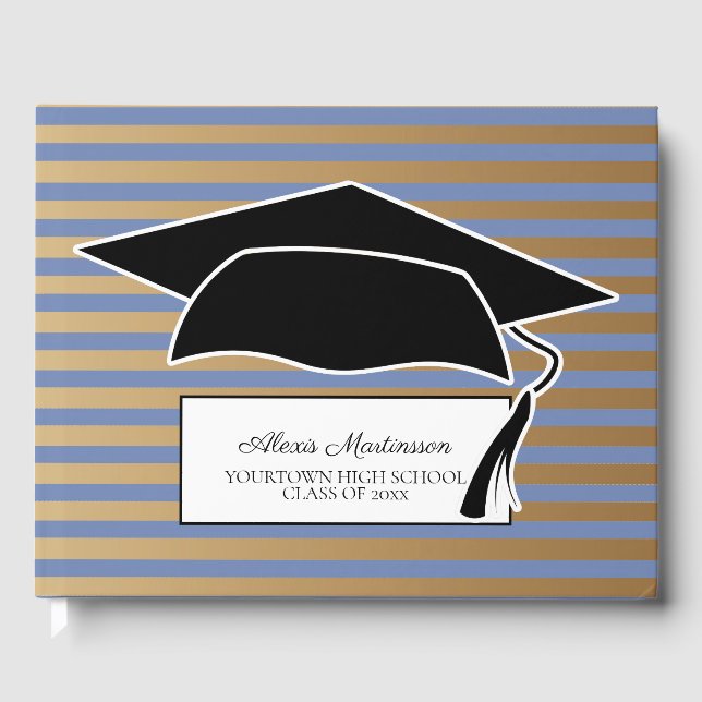 Blue Gold Front Striped Graduation Cap Guest Book (Front)