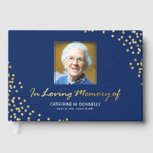 Blue Gold Funeral Condolence Photo Memorial Guest Book