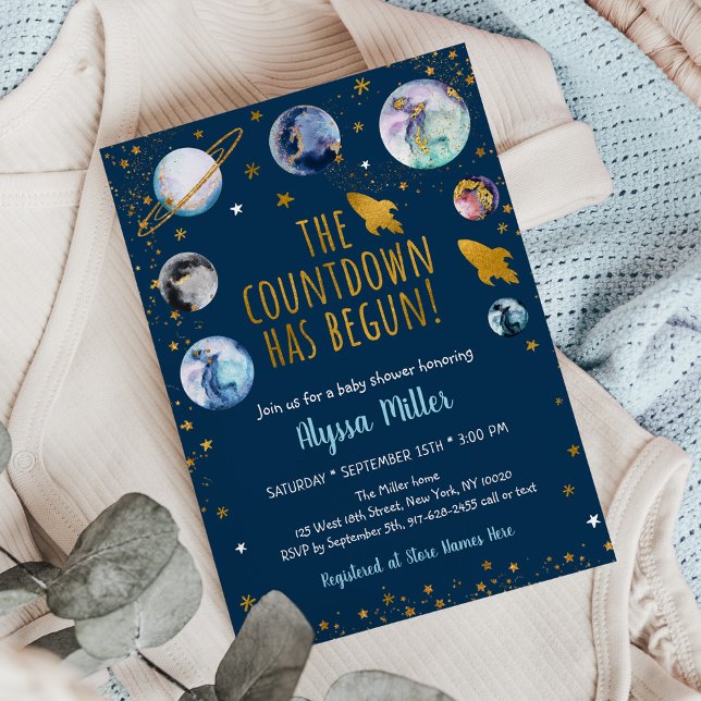 Blue Gold Galaxy Space Countdown Baby Shower Invitation (Creator Uploaded)