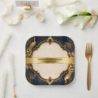 Blue gold gatsby peacock wedding dinner paper plate
