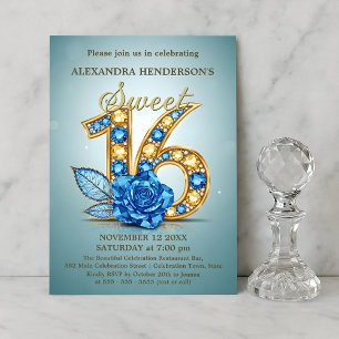  Blue Gold Gemstone Rose Jewelled Sweet Sixteen  Invitation