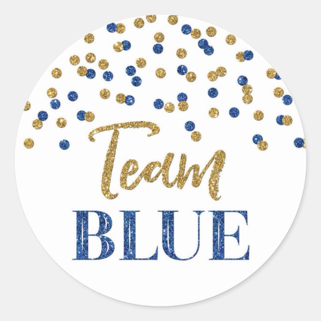 Blue Gold Gender Reveal Baby Shower Team Blue Classic Round Sticker (Front)