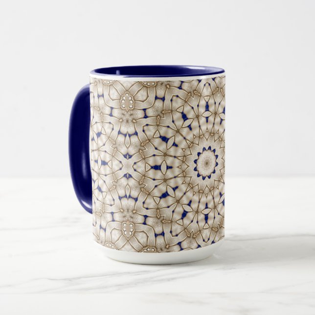 Blue Gold Geometric Floral Mug (Front Left)