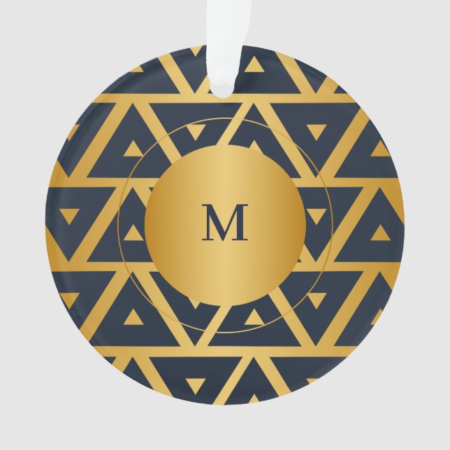 Blue Gold Geometric pattern Personalised Ornament (Front)