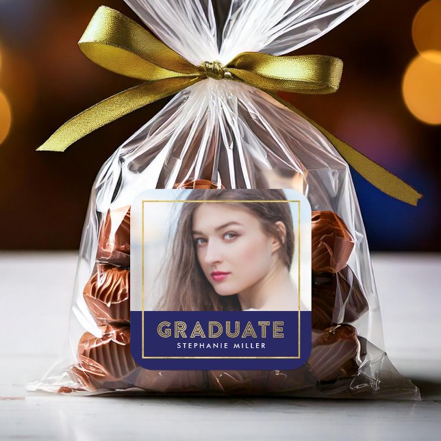 Blue Gold Geometric Photo Graduate Square Sticker (Creator Uploaded)