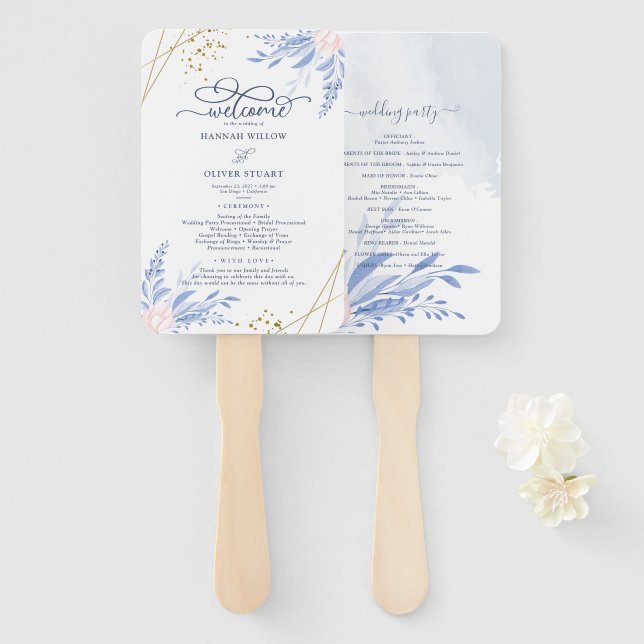Blue Gold Geometric Pink Floral Wedding Programs Hand Fan (Front and Back)