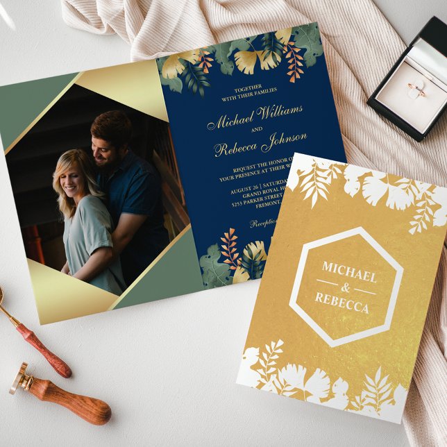Blue Gold Geometric Tropical Photo Wedding Foil Card (Creator Uploaded)