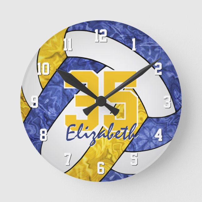 blue gold girly team colours volleyball room round clock (Front)