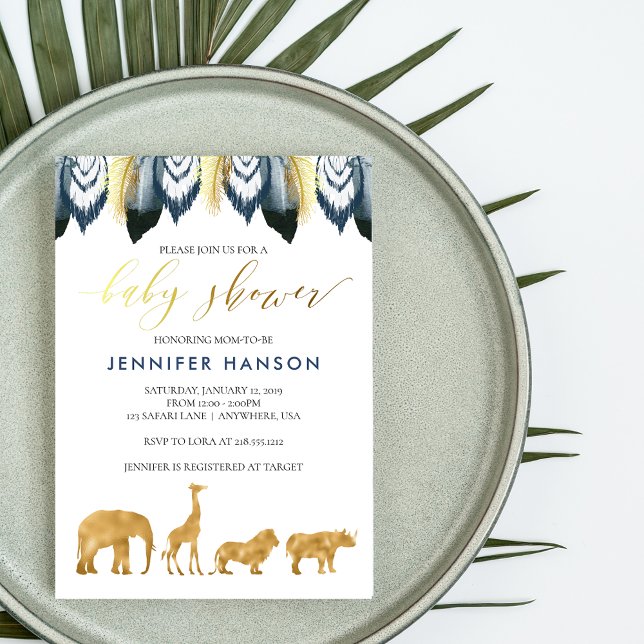 Blue Gold Glam Safari Baby Shower Invitation (Creator Uploaded)