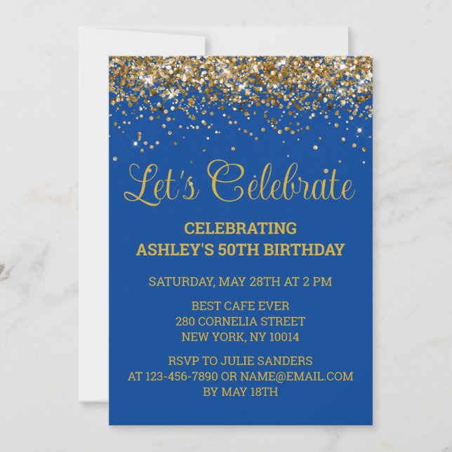 Blue & Gold Glitter 50th Birthday Let's Celebrate Invitation (Front)