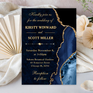Blue & Gold Glitter Agate and marble Wedding Invitation