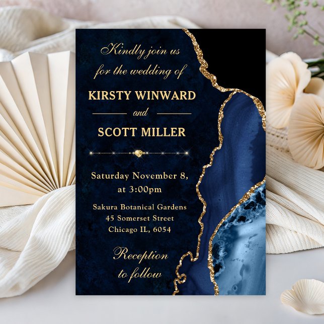 Blue & Gold Glitter Agate and marble Wedding Invitation (Creator Uploaded)