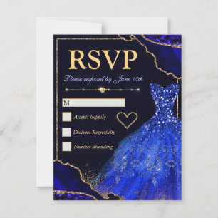 Blue & Gold Glitter Agate & Dress Sweet Sixteen RSVP Card
