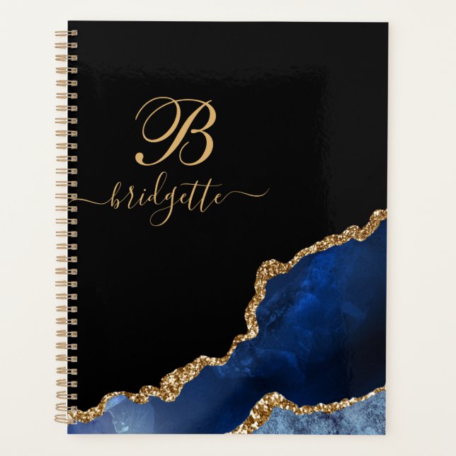  Blue Gold Glitter Agate Geode Monogram Planner (Front)