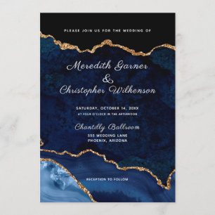 Blue Gold Glitter Agate Geode Wedding Invitation