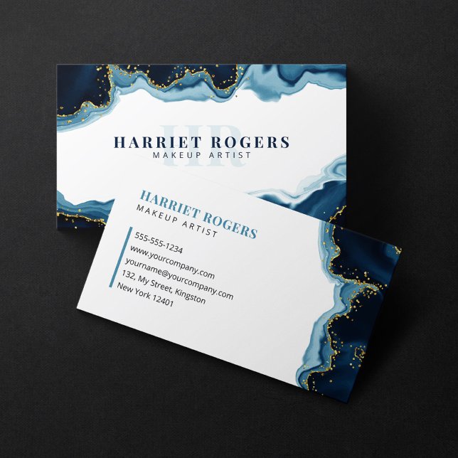 Blue Gold Glitter Agate Makeup Artist Initial Logo Business Card (Creator Uploaded)