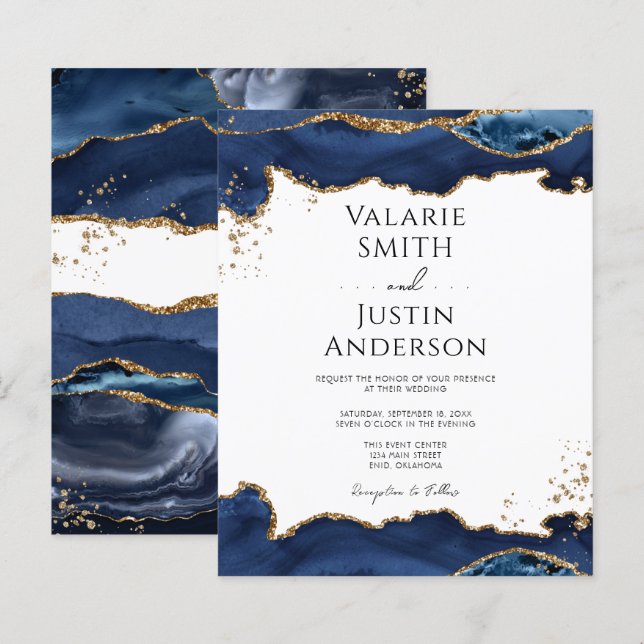 Blue Gold Glitter Agate Wedding Invitation (Front/Back)