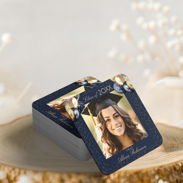 Blue Gold Glitter Balloon Graduation Party Photo  Square Paper Coaster (Creator Uploaded)
