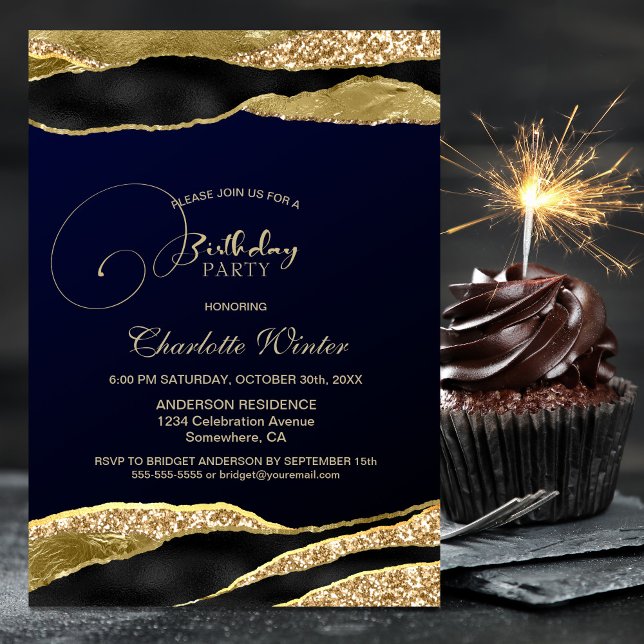 Blue Gold Glitter Birthday Party Invitation (Creator Uploaded)