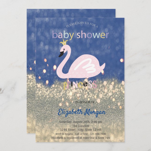 Blue, Gold Glitter Bokeh,Swan Baby Shower Invitation (Front/Back)
