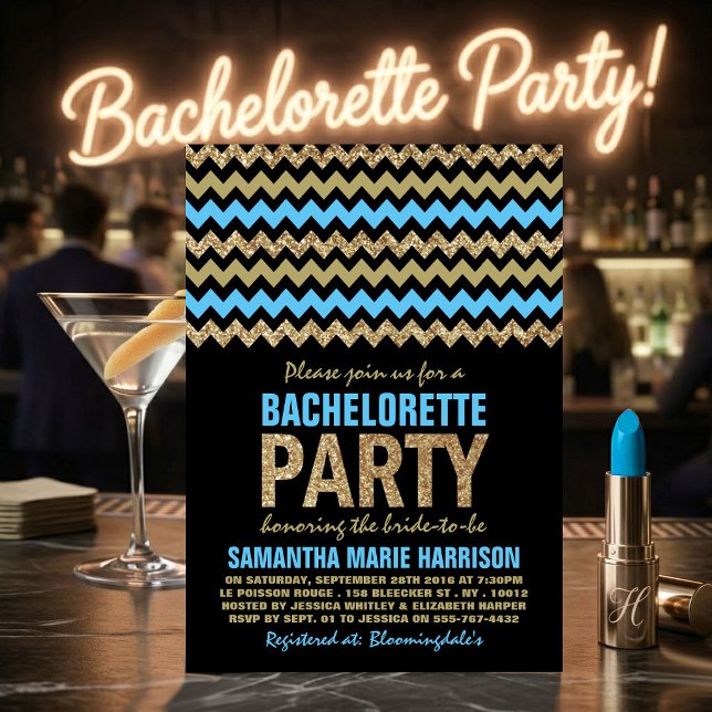 Blue & Gold Glitter Chevron Bachelorette Party Invitation (Creator Uploaded)