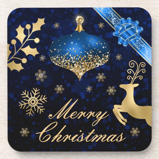 Blue & Gold Glitter Christmas bauble and Ribbon Coaster (Front)