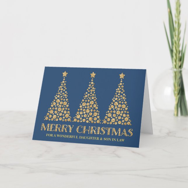 Blue Gold Glitter Christmas Daughter & Son in Law Holiday Card (Front)
