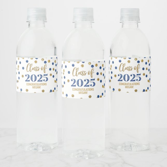 Blue Gold Glitter Class of 2025 Graduation Water Bottle Label (Bottles)