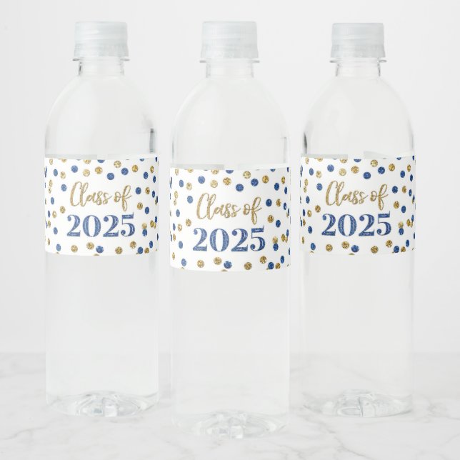 Blue Gold Glitter Class of 2025 Graduation Water Bottle Label (Bottles)