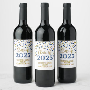 Blue Gold Glitter Class of 2025 Graduation Wine Label