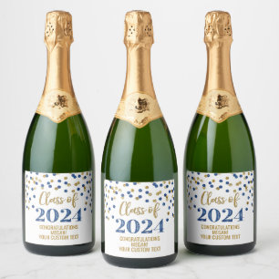 Blue Gold Glitter Confetti Graduation Sparkling Wine Label