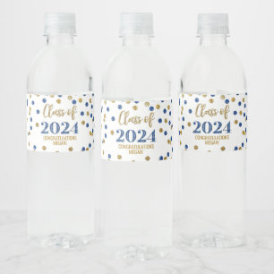 Blue Gold Glitter Confetti Graduation Water Bottle Label