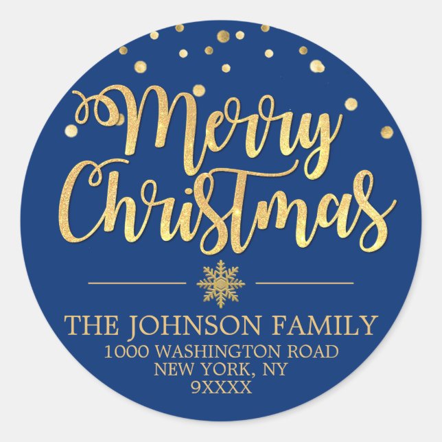 Blue Gold Glitter Confetti Merry Christmas Address Classic Round Sticker (Front)