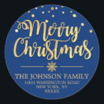 Blue Gold Glitter Confetti Merry Christmas Address Classic Round Sticker<br><div class="desc">Lovely personalised calligraphy script Merry Christmas Holiday return address stickers to add to your envelopes,  greeting cards and/or gifts.  BLUE background (can be changed to any colour) colour with faux gold glitter confetti and snowflake.  Perfect for any holiday occasion. Editable template labels.</div>