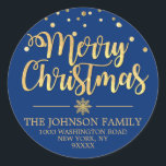 Blue Gold Glitter Confetti Merry Christmas Address Classic Round Sticker<br><div class="desc">Lovely personalised calligraphy script Merry Christmas Holiday return address stickers to add to your envelopes,  greeting cards and/or gifts.  BLUE background (can be changed to any colour) colour with faux gold glitter confetti and snowflake.  Perfect for any holiday occasion. Editable template labels.</div>