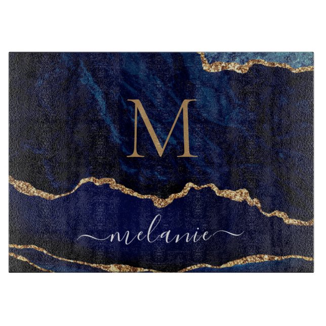 Blue Gold Glitter Cutting Board Custom Name Letter (Front)