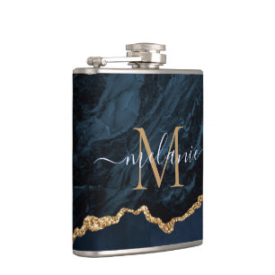 Blue Gold Glitter Flask Personalised Name Letter