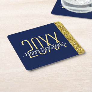 Blue Gold Glitter Happy New Years Holiday Square P Paper Coaster