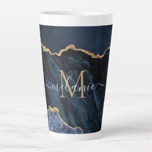 Blue Gold Glitter Latte Mug Custom Name Letter