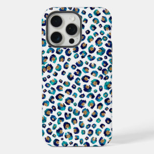 Blue Gold Glitter Leopard Pattern iPhone 15 Pro Max Case