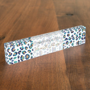 Blue Gold Glitter Leopard Pattern Nameplate