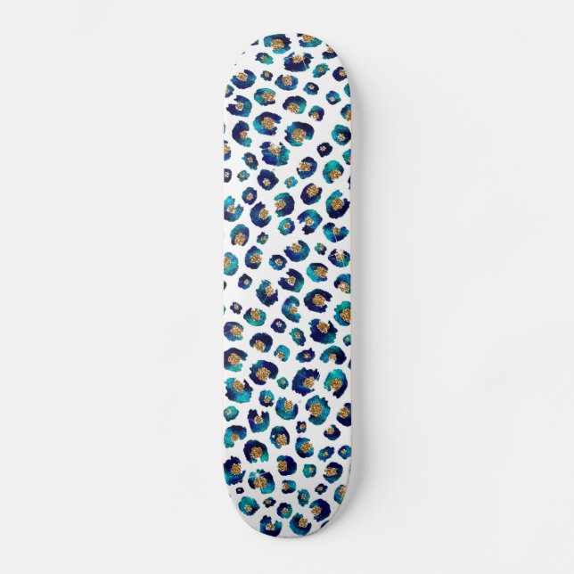 Blue Gold Glitter Leopard Pattern Skateboard (Front)