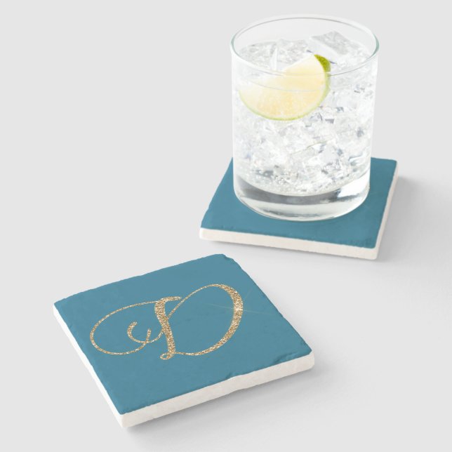Blue Gold Glitter Letter D Stone Coaster (Side)
