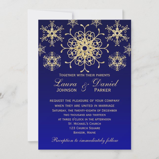 Blue, Gold Glitter LOOK Snowflakes Wedding Invite (Front)