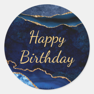 Blue & Gold Glitter Marble Agate Birthday Classic Round Sticker