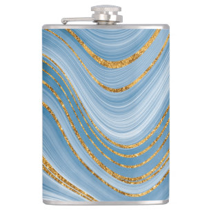 Blue Gold Glitter Marble Elegant Abstract Hip Flask