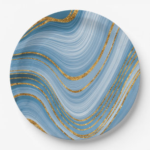 Blue Gold Glitter Marble Elegant Abstract Paper Plate